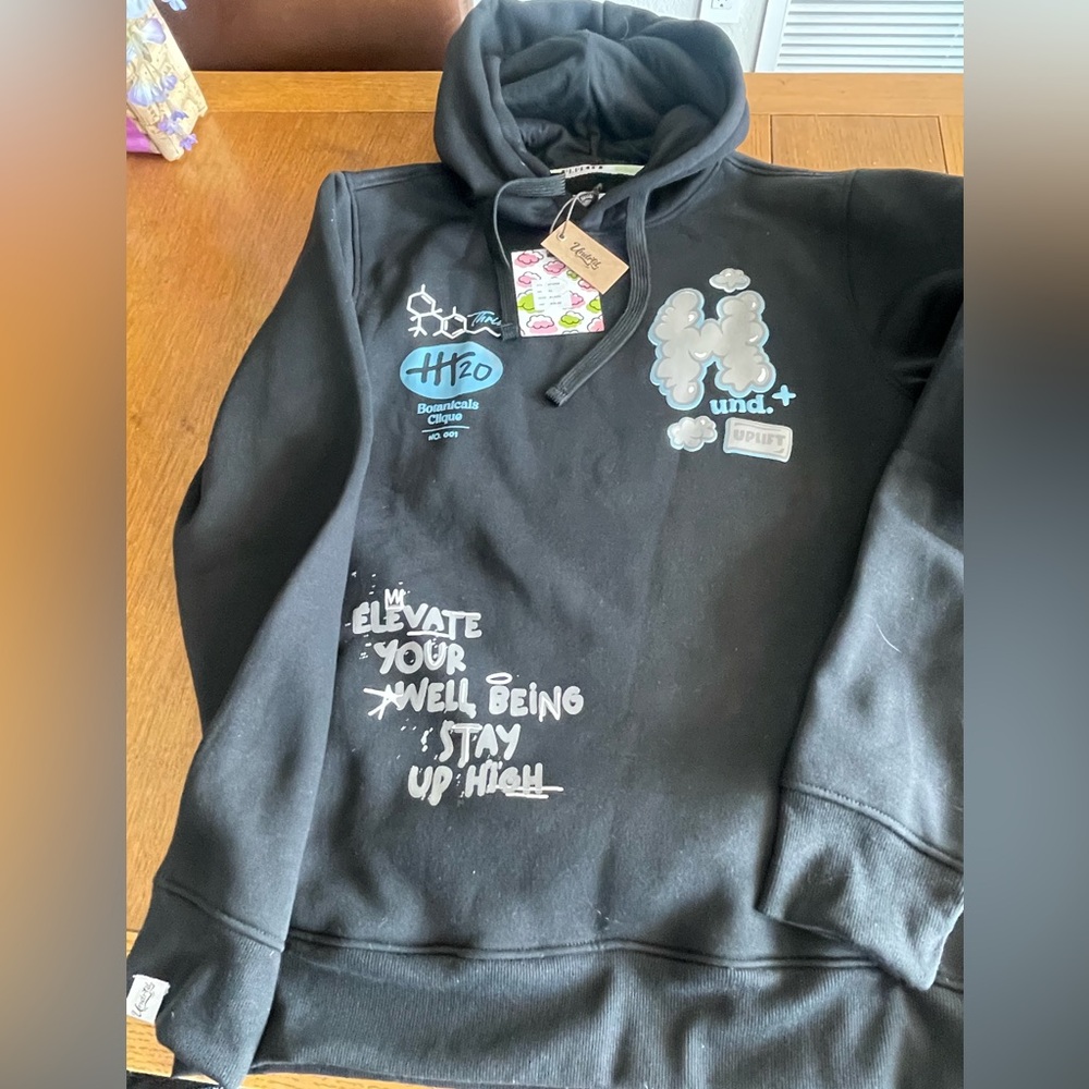 Black Graphic Hoodie with Text and Patches